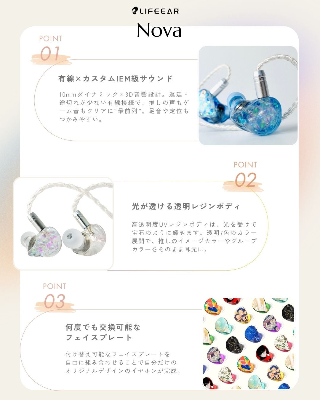 Nova 高透明度レジンイヤホン フェイスプレート着せ替え対応